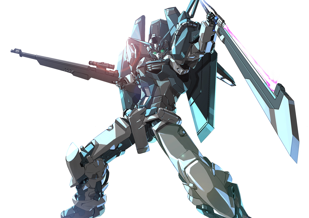 beam_saber, blue, energy_sword, foreshortening, glowing, glowing_eyes, gun, gundam, gundam_seed, gundam_seed_astray, lens_flare, mecha, no_humans, paintedmike, scope, simple_background, sword, weapon, white_background