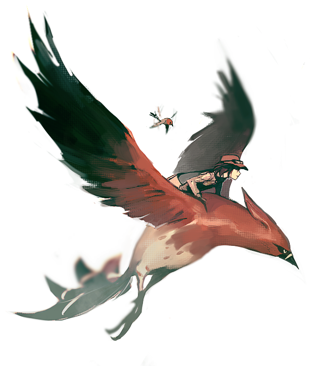 1boy, bag, baseball_cap, black_hair, brown_hair, calme_(pokemon), creature, fletchling, flying, hat, leaning_forward, lechuza, long_sleeves, looking_afar, pokemon, pokemon_(creature), pokemon_(game), pokemon_xy, profile, sepia, soft_focus, sunglasses, sunglasses_on_head, talonflame, white_background
