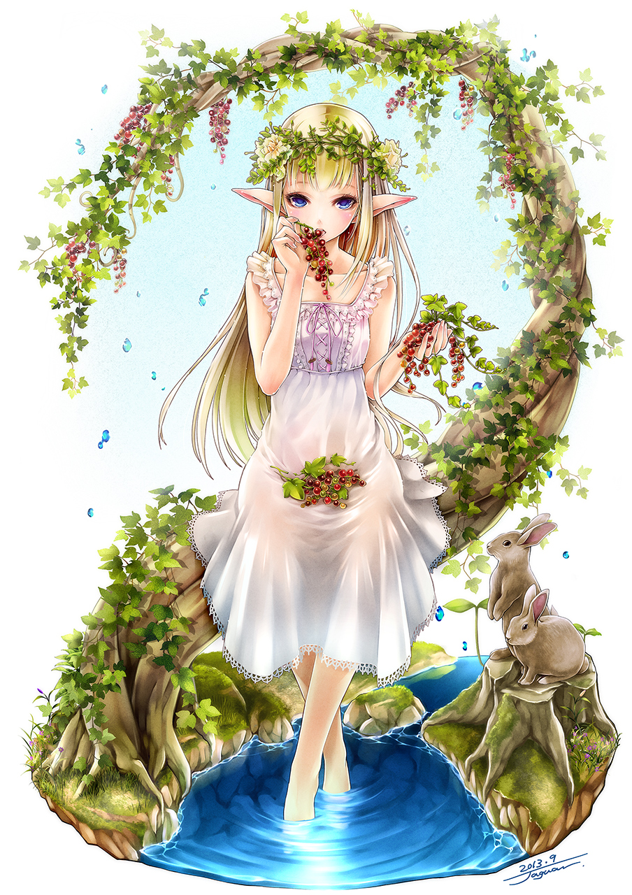 1girl, blonde_hair, blue_eyes, dress, elf, feet_in_water, food, fruit, grapes, head_wreath, highres, kininaljaguar, long_hair, original, pointy_ears, rabbit, soaking_feet, solo, water, white_dress