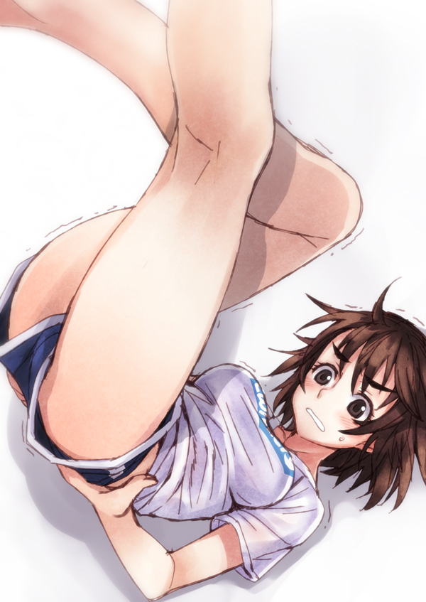 1girl, arm_support, ayase_fuuka, blush, breasts, brown_eyes, brown_hair, dutch_angle