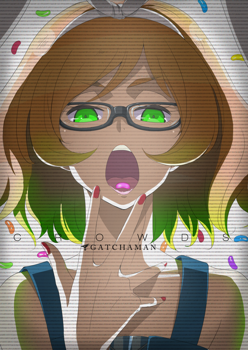 1boy, blonde_hair, candy, crossdressinging, gatchaman_crowds, glasses, green_eyes, hair_ribbon