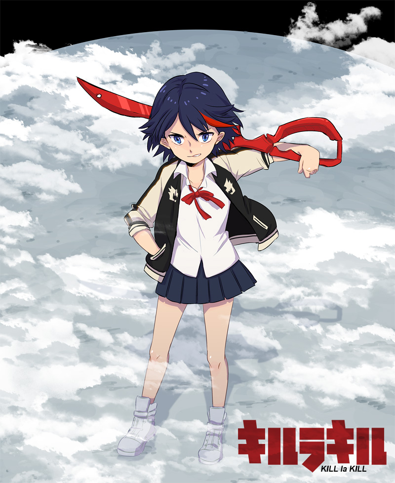 1girl, blue_eyes, bow, clouds, jacket, kill_la_kill, matoi_ryuuko, matoi_ryuuko_(casual)