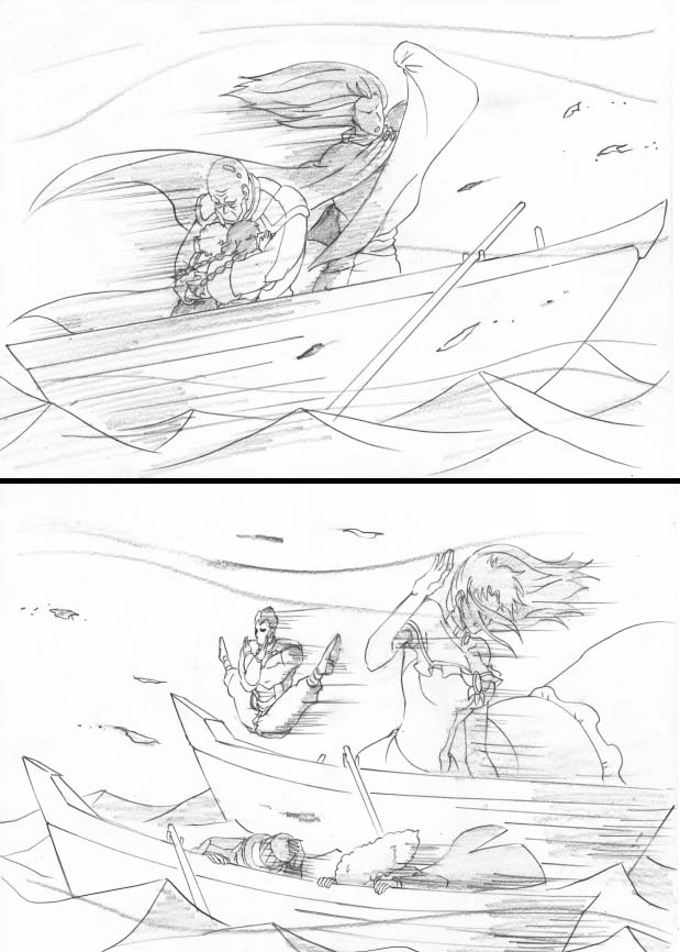 boat, comic, dire_(jojo), erina_pendleton, explosion, giantess, graphite_(medium), jojo_no_kimyou_na_bouken