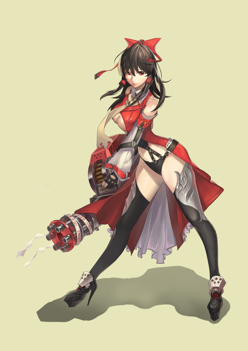 1girl, absurdres, adapted_costume, breasts, brown_hair, gatling_gun, gun, hakurei_reimu