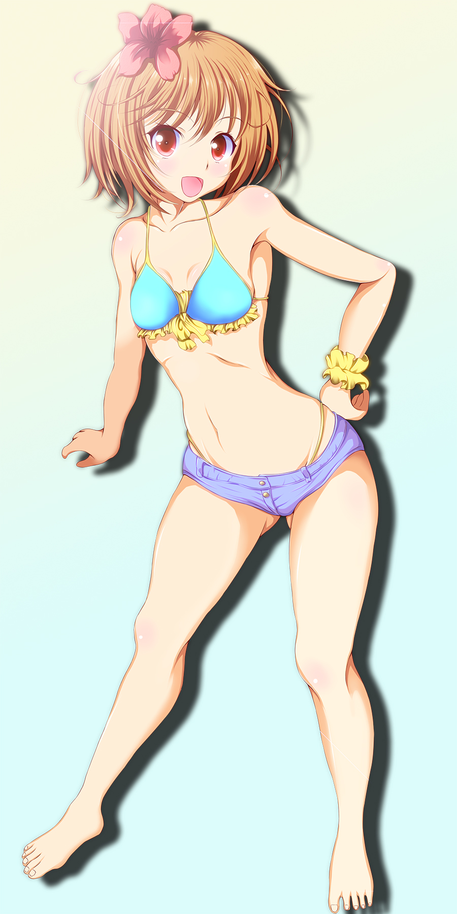 1girl, bikini, brown_hair, highres, original, red_eyes, short_hair, short_shorts, shorts, swimsuit, takamichis211