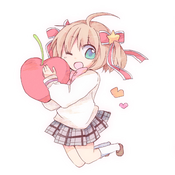 1girl, blonde_hair, blue_eyes, cherry, food, fruit, furui_suguri, kamikita_komari, little_busters!!, oversized_object, ribbon, school_uniform, short_hair, wink