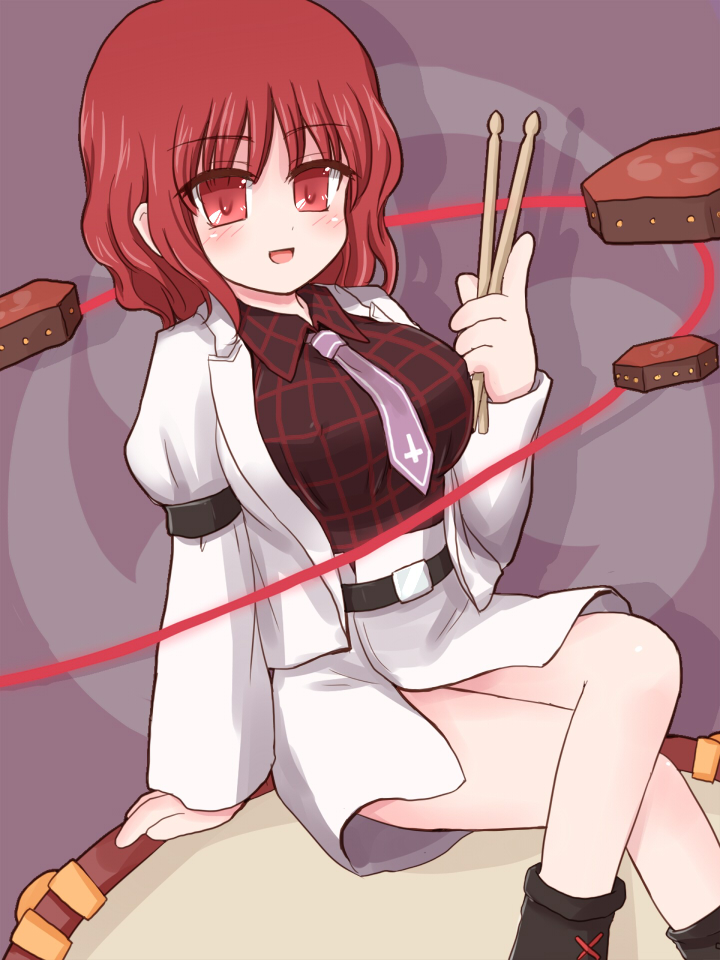 1girl, breasts, drum, drumsticks, horikawa_raiko, instrument, large_breasts, necktie