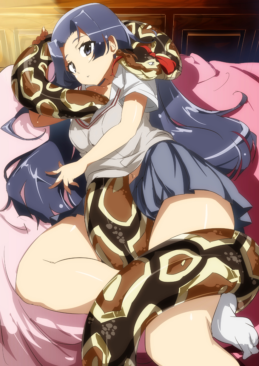 1girl, bed, black_eyes, black_hair, highres, kongou_mitsuko, long_hair, on_side