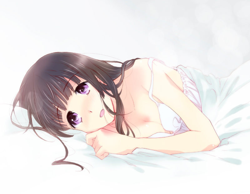 1girl, black_hair, chitanda_eru, hyouka, long_hair, mei_(abliss), nightgown, on_side