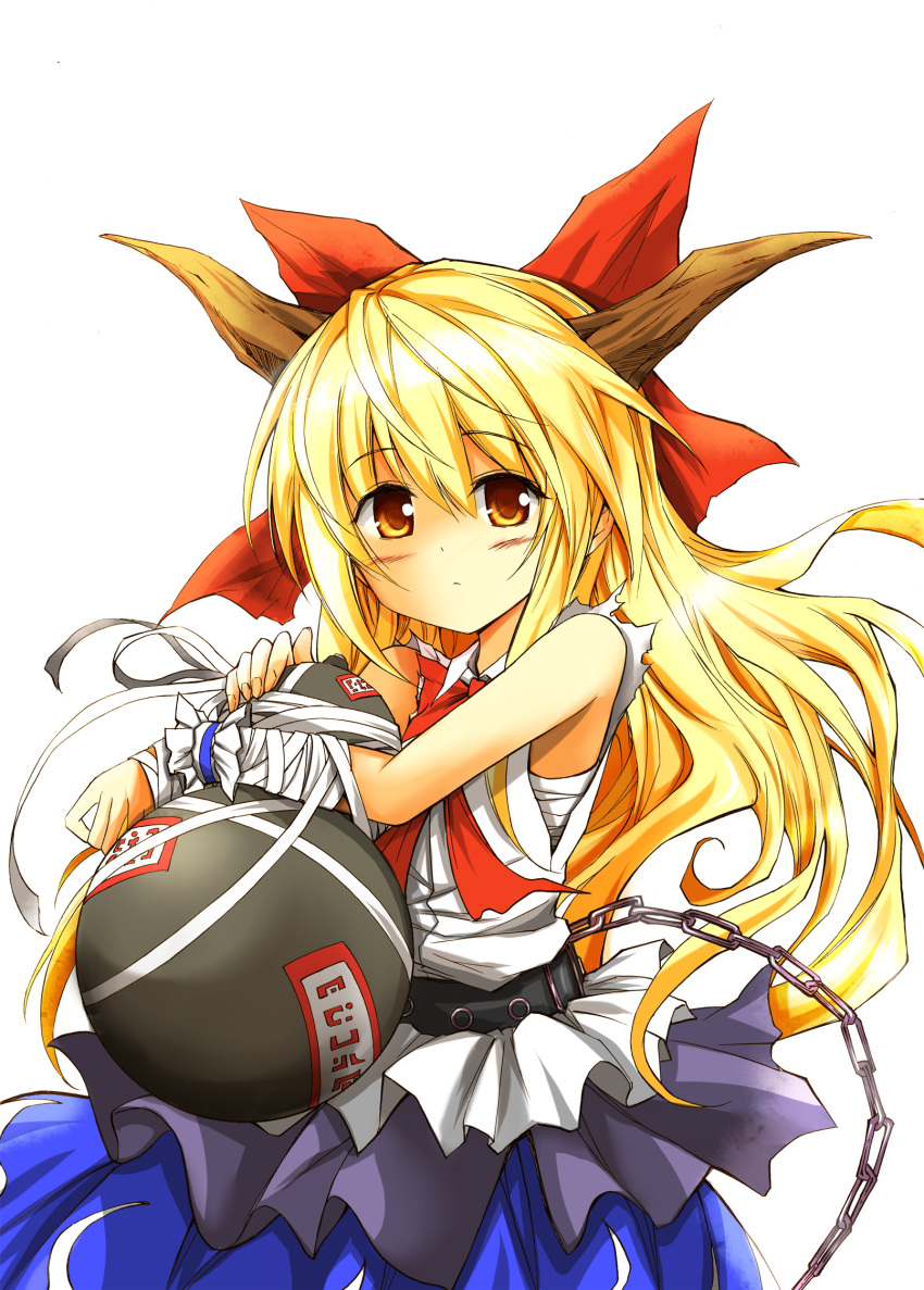 1girl, bandages, belt, blonde_hair, bow, chain, gourd, hair_bow, highres, horns, ibuki_suika, looking_at_viewer, my_(artist), sarashi, sleeveless, touhou, yellow_eyes