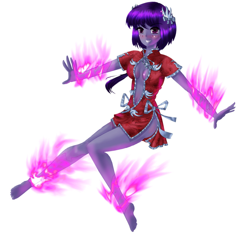 1girl, china_dress, chinese_clothes, erumo, flame, highres, lavender_skin, mamono, monster_girl, purple_hair, raet, solo, st_elmo's_fire, violet_eyes