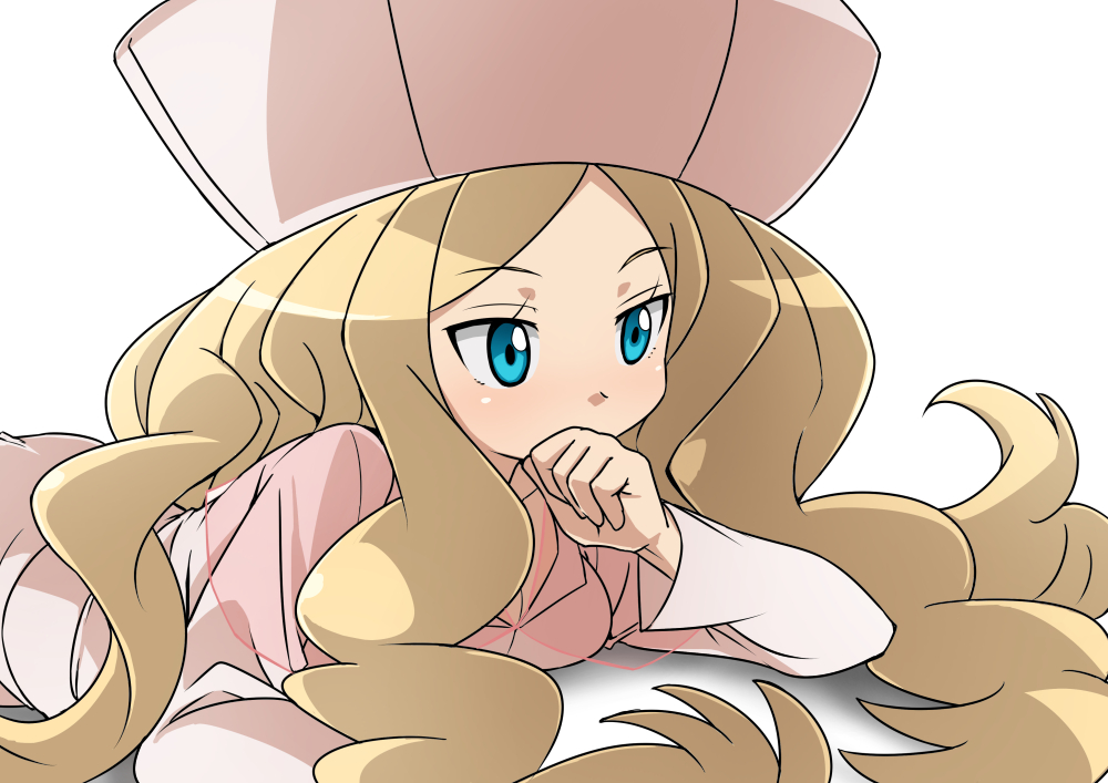 1girl, blonde_hair, blue_eyes, cattleya_(pokemon), covering_mouth, hat, long_hair, on_stomach