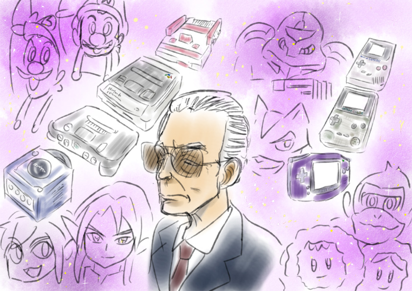 donkey_kong, famicom, formal, game_boy, game_boy_advance, game_boy_color, gamecube, glasses, ice_climber, ice_climbers, link, luigi, mario, metroid, necktie, nintendo, nintendo_64, samus_aran, suit, super_famicom, super_mario_bros., swkingdom, the_legend_of_zelda, white_hair, yamauchi_hiroshi