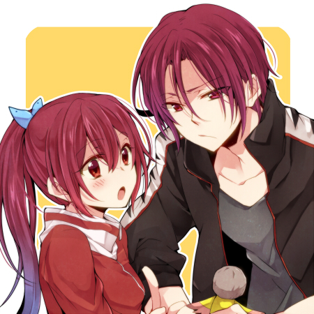 1boy, 1girl, blush, brother_and_sister, free!, jacket, long_hair, lowres, matsuoka_gou, matsuoka_rin, open_mouth, ponytail, red_eyes, redhead, short_hair, siblings, yuna_(pi988y)