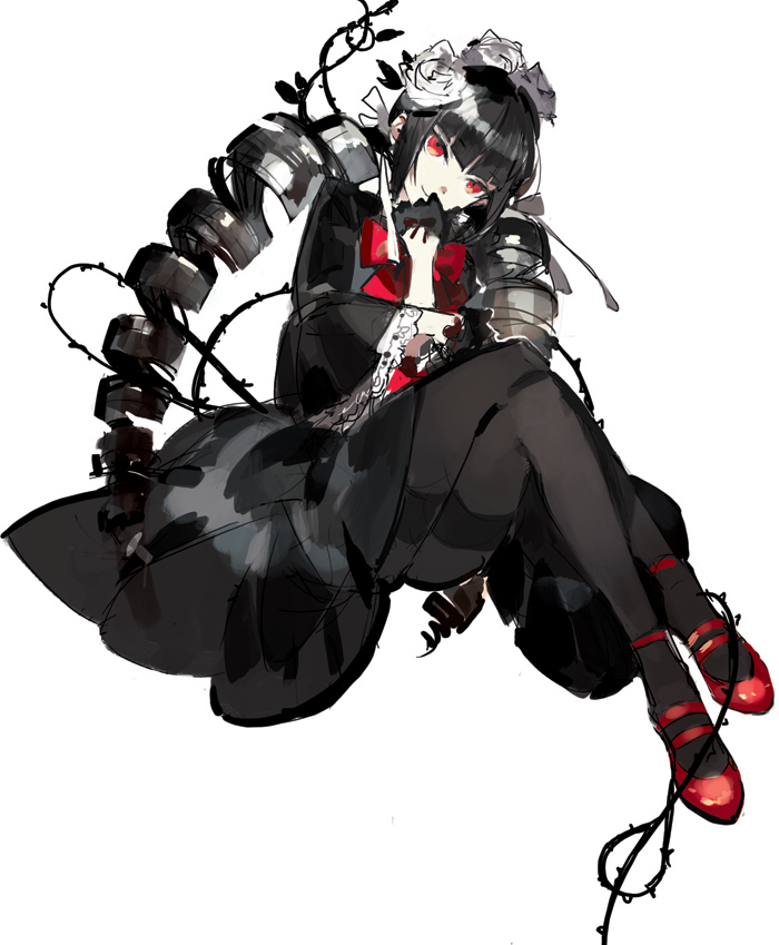 1girl, black_gloves, black_hair, black_legwear, celestia_rudenberk, crossed_legs, dangan_ronpa, drill_hair