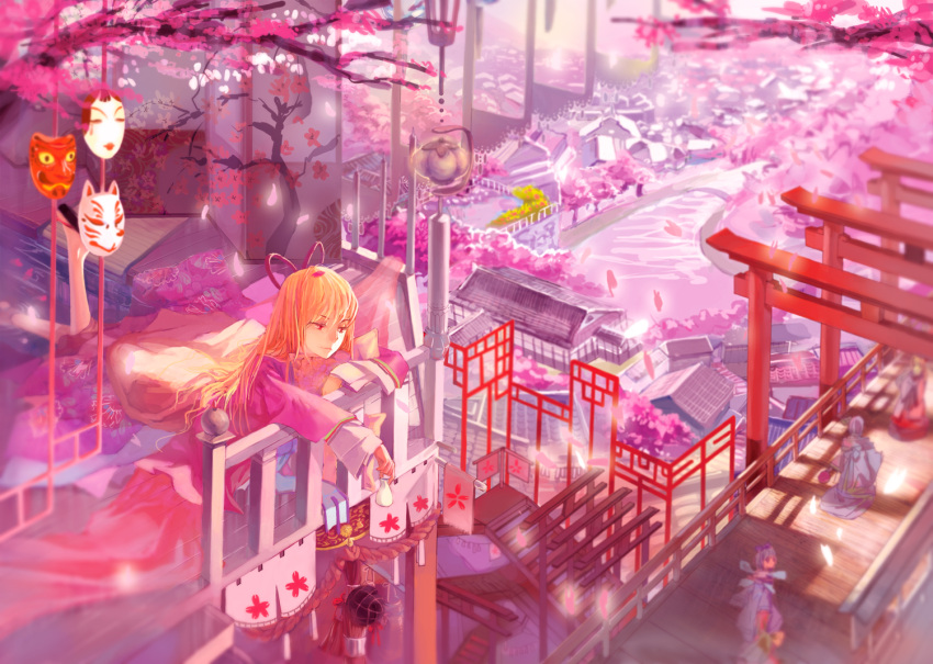 5girls, alcohol, alternate_costume, aneater, blurry, cherry_blossoms, cirno, cityscape