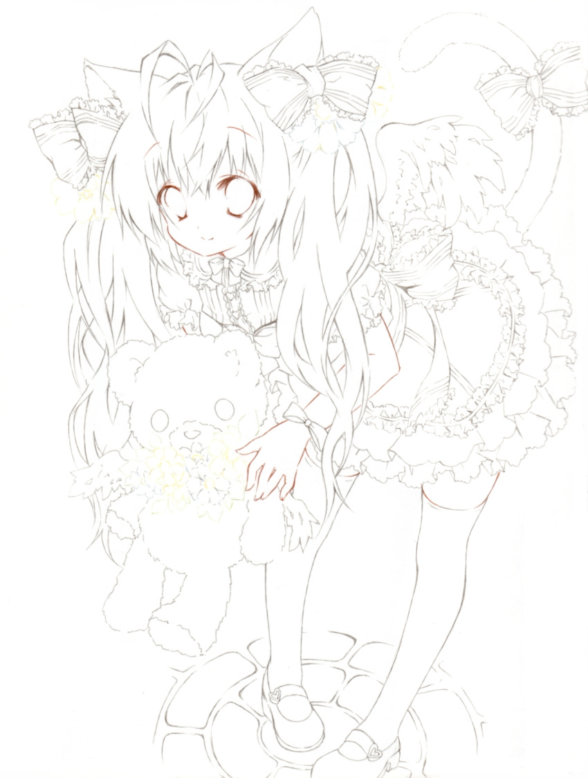 1girl, animal_ears, bent_over, bow, cat_ears, cat_tail, flower, frills