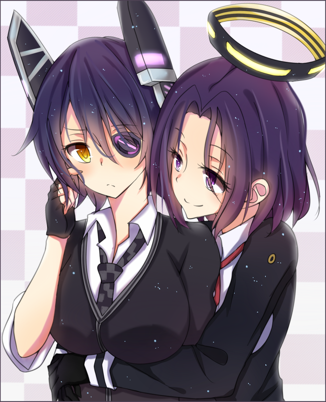 2girls, blush, checkered, checkered_background, checkered_necktie, eyepatch, fingerless_gloves, gloves