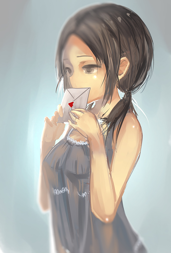 1girl, black_hair, breasts, character_request, chemise, ghostas, letter, long_hair, love_letter, minamoto-kun_monogatari, solo, twintails