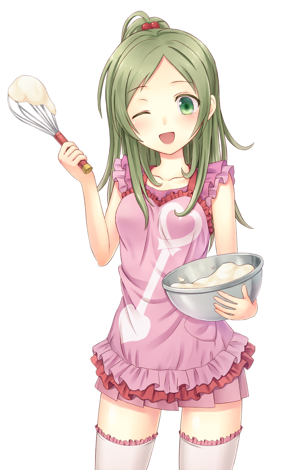 1girl, apron, bare_arms, bowl, collarbone, dough, green_eyes, green_hair