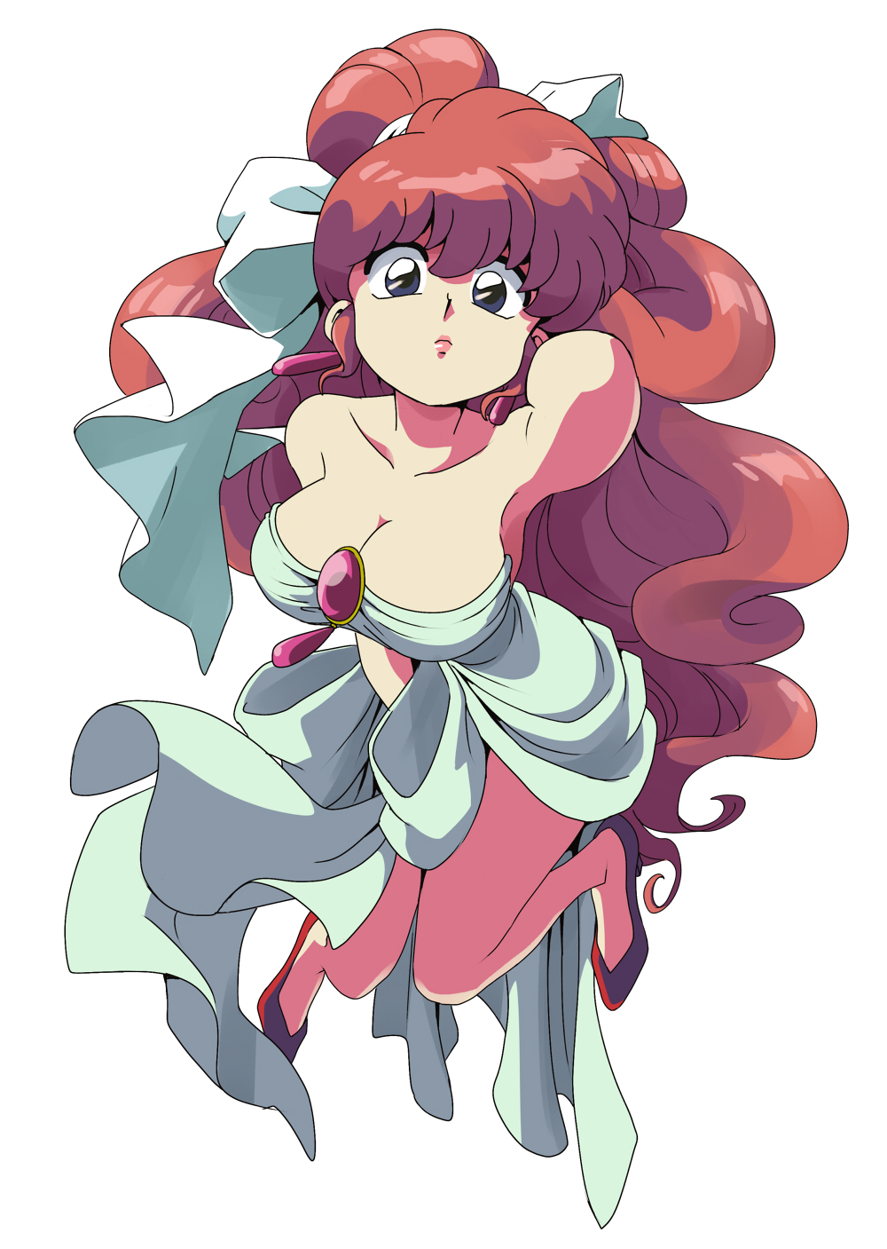 1girl, alternate_hairstyle, armpits, bare_legs, black_eyes, braid, breasts, cleavage, curly_hair, earrings, from_above, genderswap, hair_ribbon, highres, jewelry, kyakya, large_breasts, long_hair, looking_at_viewer, official_style, ranma-chan, ranma_1/2, redhead, ribbon, saotome_ranma, shoulderless_dress, solo, very_long_hair, white_background, wig