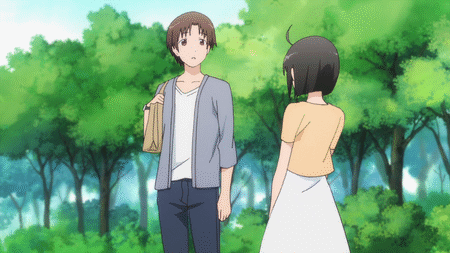 1boy, 1girl, ahoge, animated, animated_gif, bag, black_hair, brown_hair