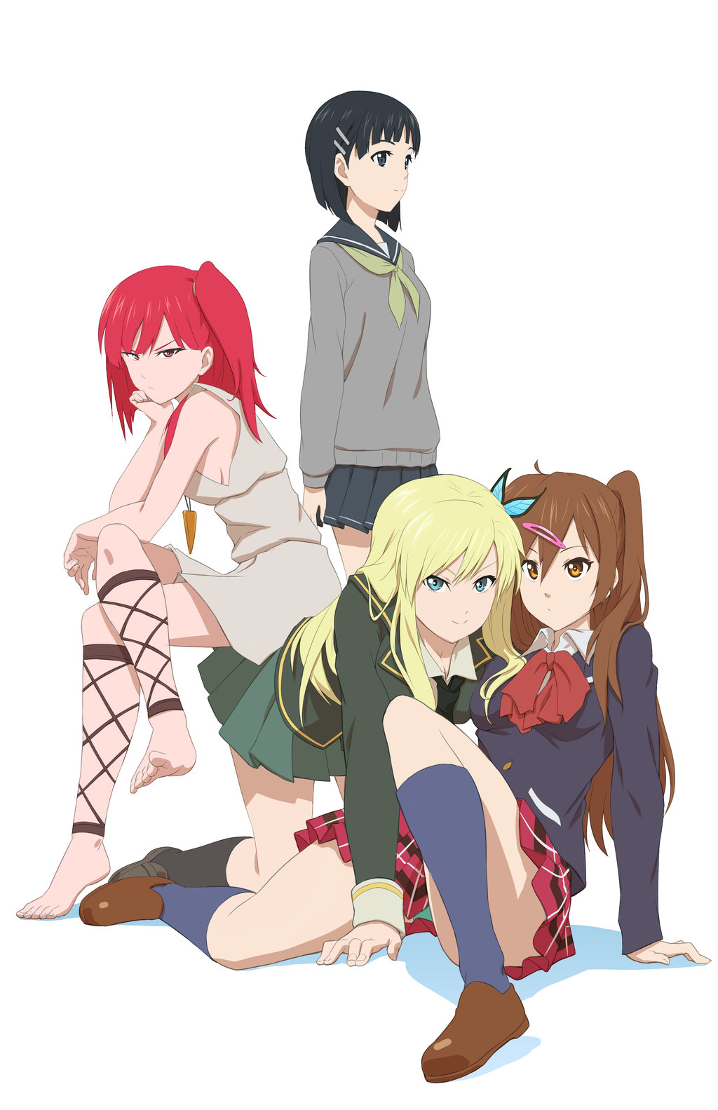 4girls, angry, ankle_lace-up, barefoot, black_hair, blonde_hair, boku_wa_tomodachi_ga_sukunai, brown_hair