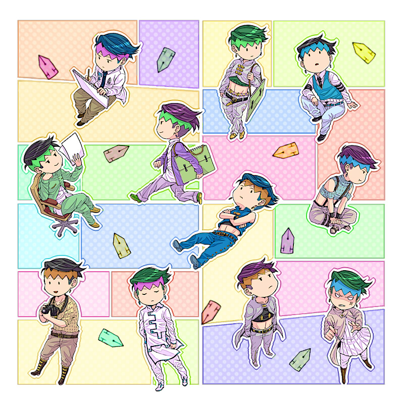 6+boys, black_hair, blue_hair, chibi, earrings, green_hair, headband, jewelry, jojo_no_kimyou_na_bouken, kishibe_rohan, midriff, multiple_boys, multiple_persona, pen_nib, teketo