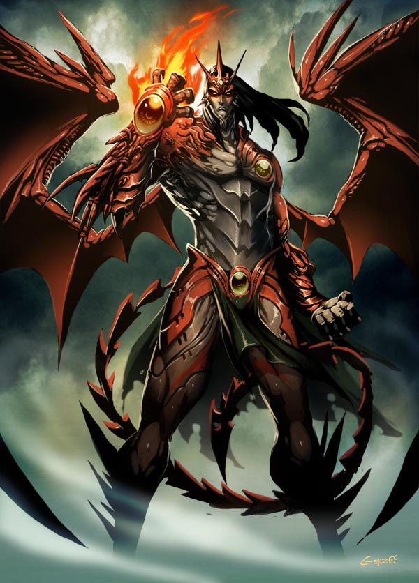 angra_mainyu, black_hair, commentary, demon_wings, final_fantasy, final_fantasy_x, final_fantasy_x-2, fire