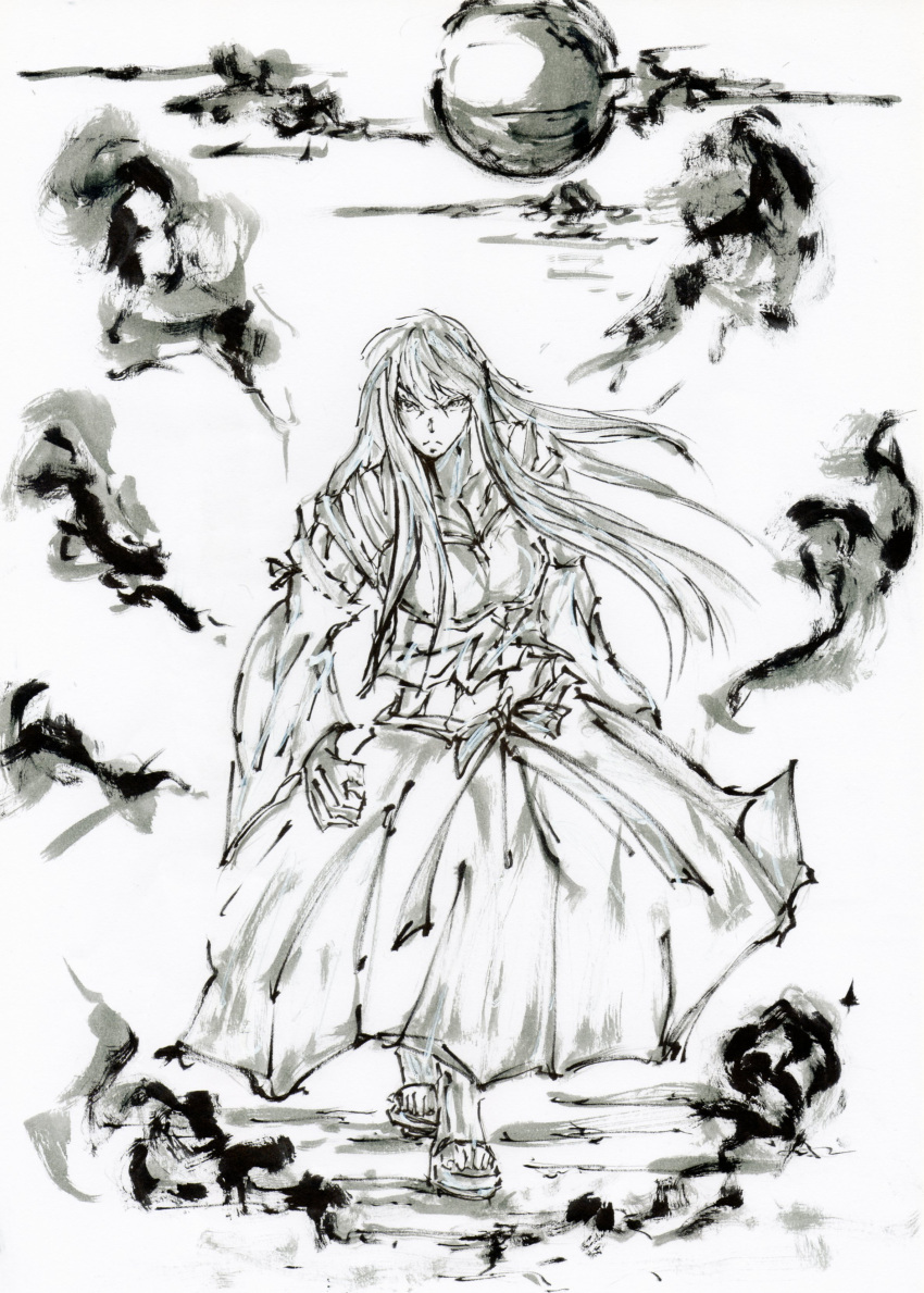 1girl, absurdres, breasts, calligraphy_brush_(medium), detached_sleeves, frown, hakama, highres