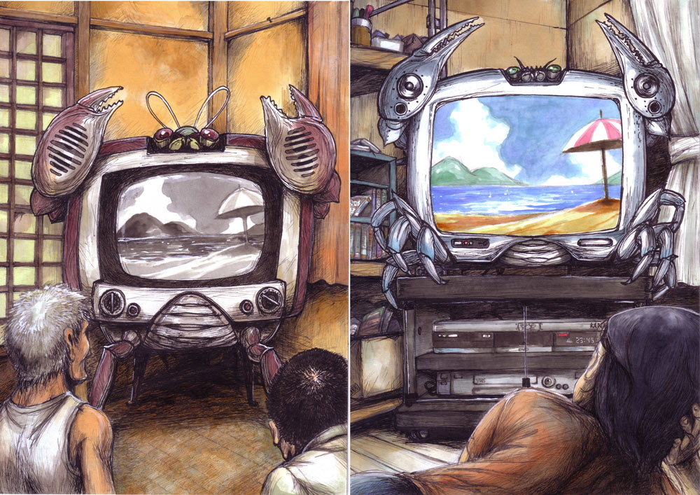 beach, crab, mugi_asaki, television, traditional_media