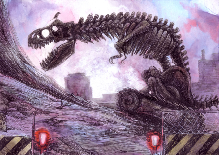 bird, caterpillar_tracks, chainlink_fence, city_skyline, construction, dinosaur, fence, mugi_asaki