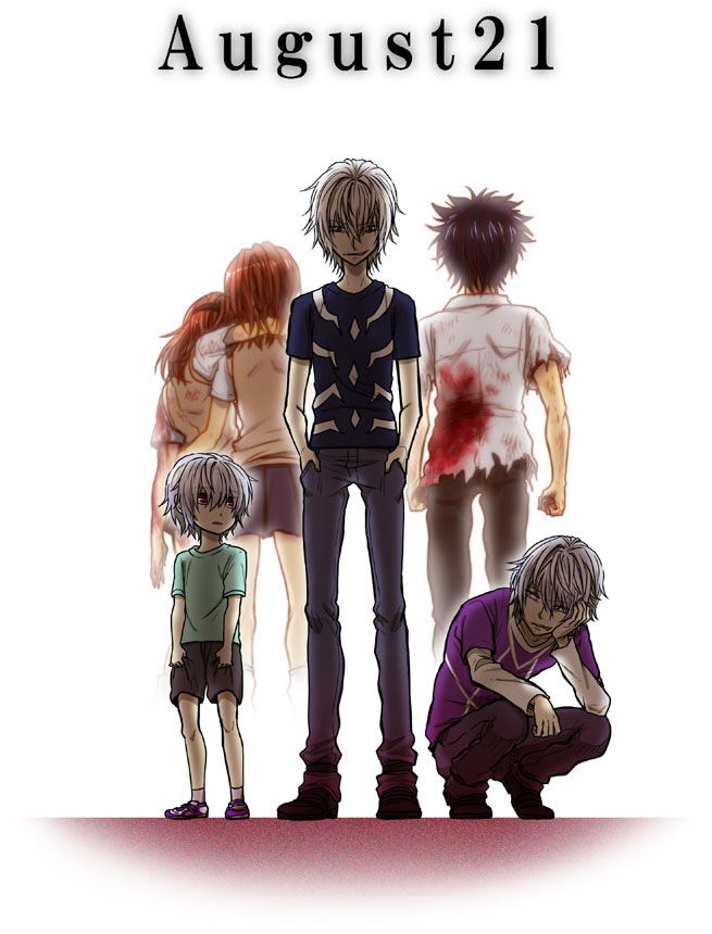 accelerator, black_hair, blood, brown_hair, kamijou_touma, misaka_imouto, misaka_mikoto, multiple_persona, nico_(hero300), red_eyes, school_uniform, shorts, skirt, to_aru_kagaku_no_railgun, to_aru_majutsu_no_index, white_hair