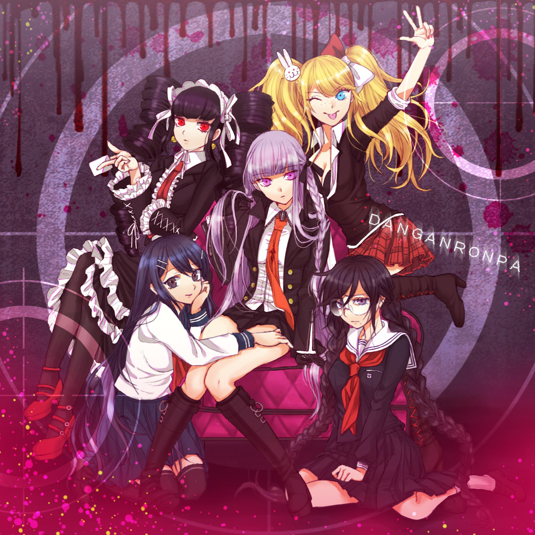 :p, black_hair, blonde_hair, blue_eyes, blue_hair, boots, braid, brown_eyes