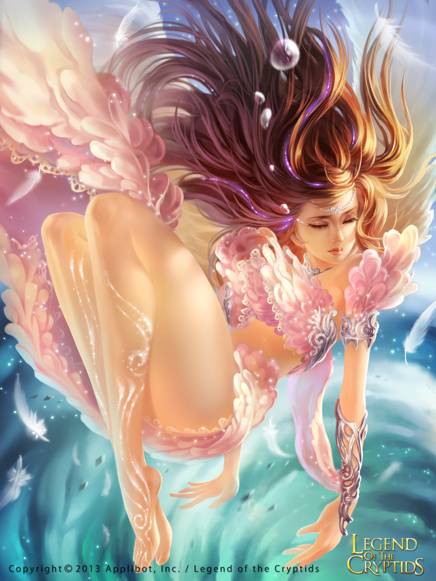 absurdres, bracer, brown_hair, circlet, closed_eyes, feathers, highres, legend_of_the_cryptids