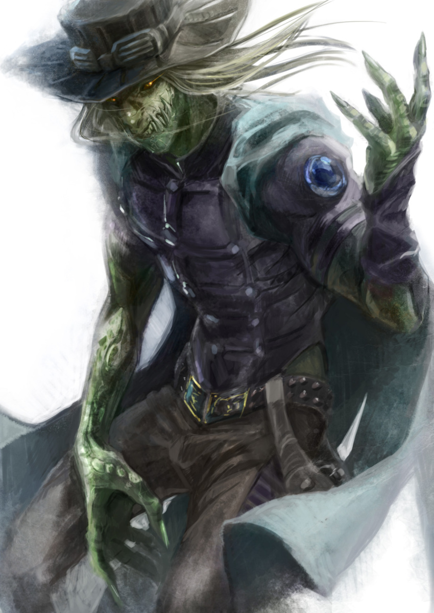 1boy, brown_hair, cape, claws, dinosaur, gyro_zeppeli, hat, highres, jojo_no_kimyou_na_bouken, long_hair, monster_boy, sasamaru_(sasamaru), solo, steel_ball_run