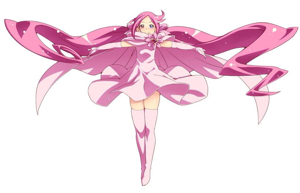 1girl, ahoge, blue_eyes, blush, brooch, cape, cherry_blossoms, choker, dress, face, flower, gloves, heart, heartcatch_precure!, heterochromia, jewelry, long_hair, looking_at_viewer, magical_girl, mugen_silhouette, outstretched_arms, pink_hair, precure, simple_background, smile, solo, spread_arms, tasaka_shinnosuke, thighhighs, twintails, white_background