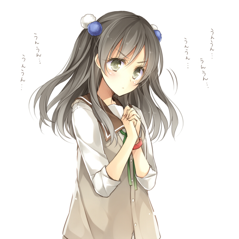 1girl, cardigan_vest, hagiwara_rin, hair_ornament, hands_clasped, mitani_kanae, school_uniform, serafuku