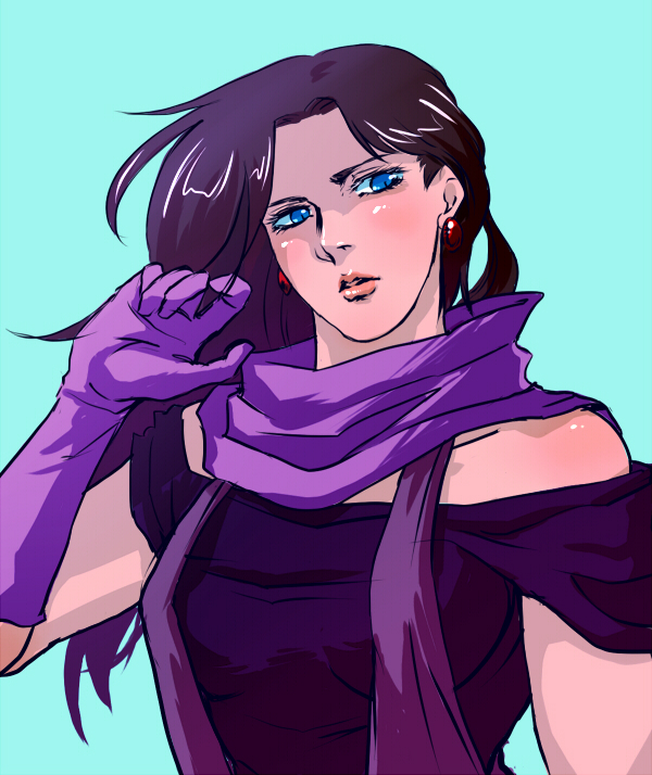 1girl, black_hair, blue_eyes, earrings, elbow_gloves, gloves, jewelry, jojo_no_kimyou_na_bouken