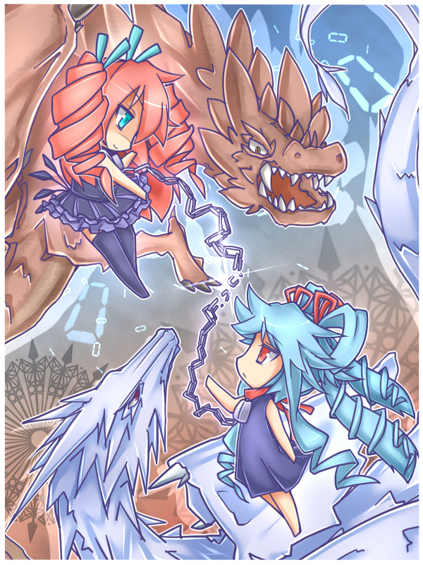 2girls, beatmania, beatmania_iidx, bemani, blue_eyes, blue_hair, chain, chibi