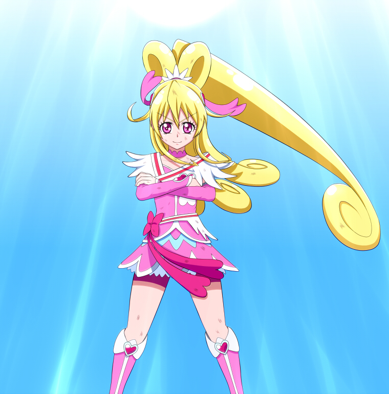 1girl, aida_mana, arms_crossed, bike_shorts, blonde_hair, blue_background, boots, crossed_arms, cure_heart, dokidoki!_precure, half_updo, light, long_hair, pink_bike_shorts, pink_eyes, ponytail, ponzu_(anagosan02), precure, smile, smirk, solo, standing