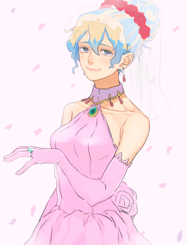 +_+, 1girl, bigoru, dress, earrings, flower, gloves, hair_bun