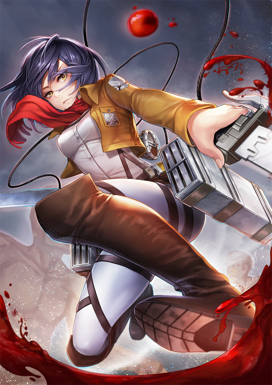 1girl, belt, black_hair, blood, boots, highres, j.lili, jacket