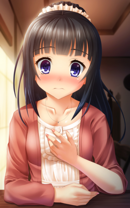 1girl, black_hair, chitanda_eru, hand_on_own_chest, hyouka, long_hair, noshimasa, ponytail