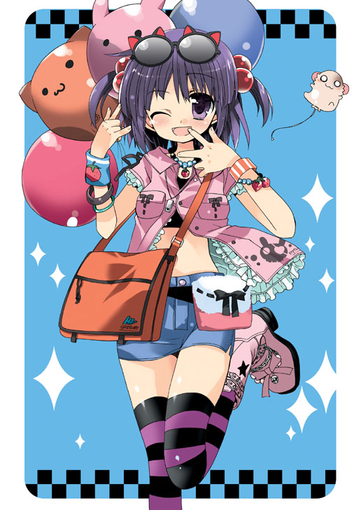 blush, midriff, short_hair, skirt, striped_thigh_high, thigh_high