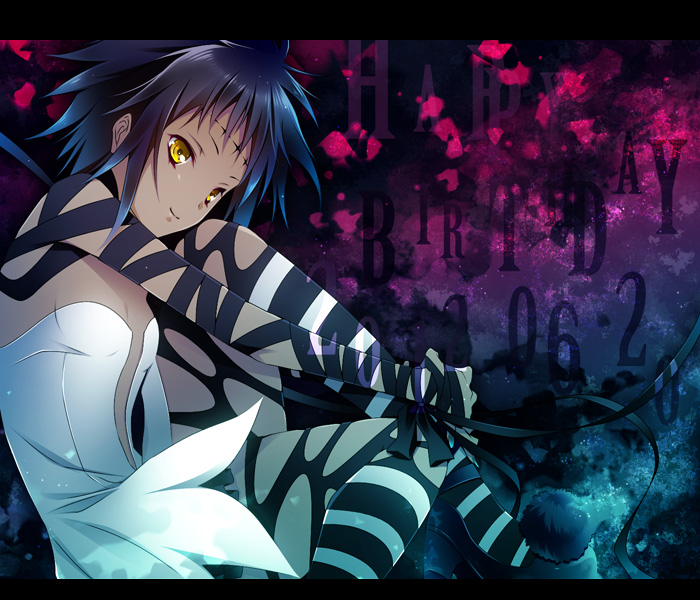 1girl, blue_hair, breasts, cleavage, dark_skin, dress, drugstore04, ribbon