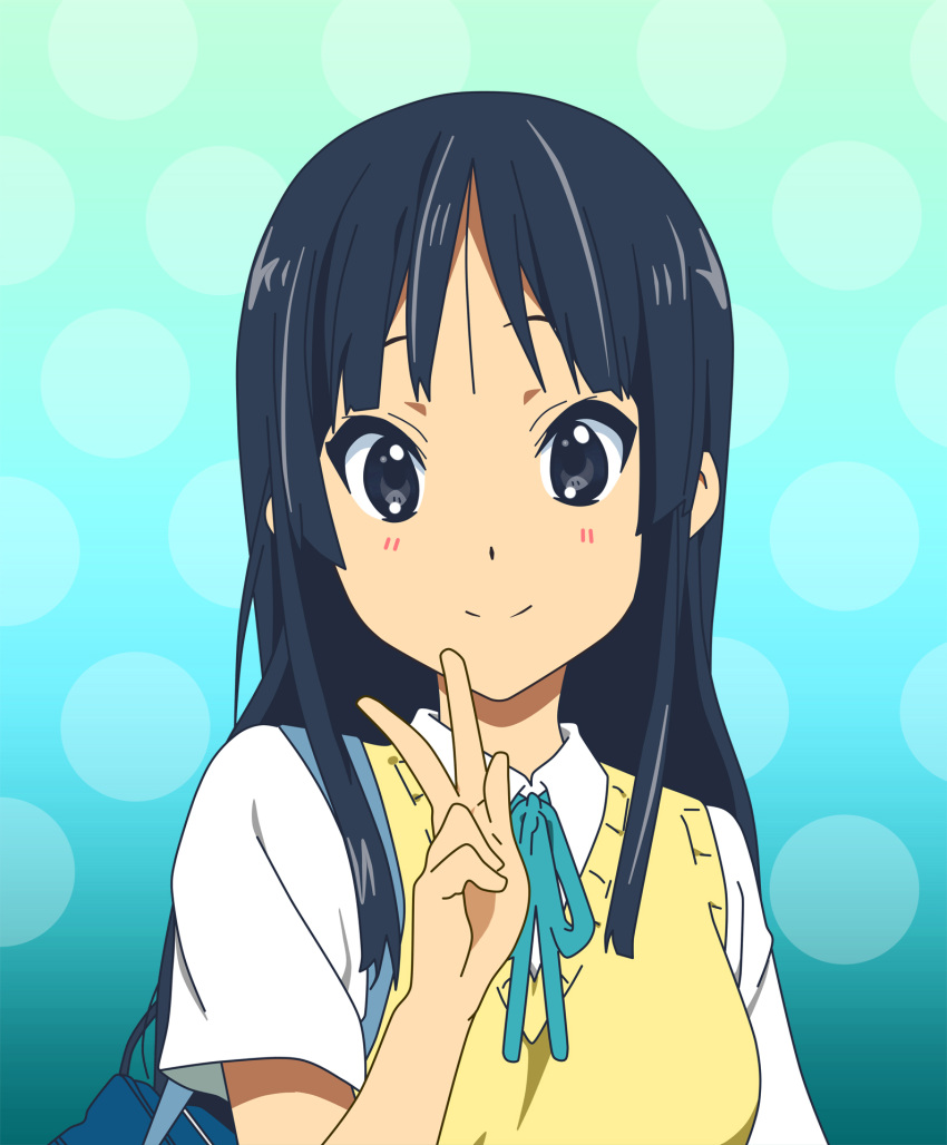 1girl, akiyama_mio, black_eyes, black_hair, endou_shin, highres, k-on!, long_hair, looking_at_viewer, school_uniform, smile, solo, v