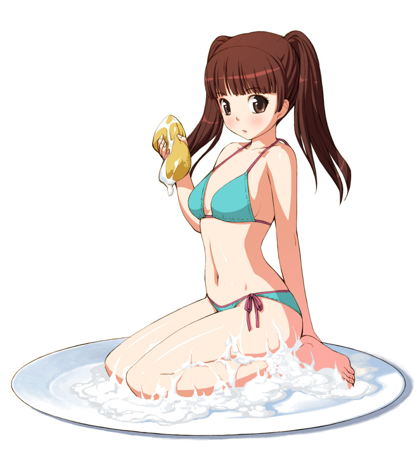 bikini, brown_eyes, brown_hair, girl_on_a_plate, kneeling, minigirl, navel, original