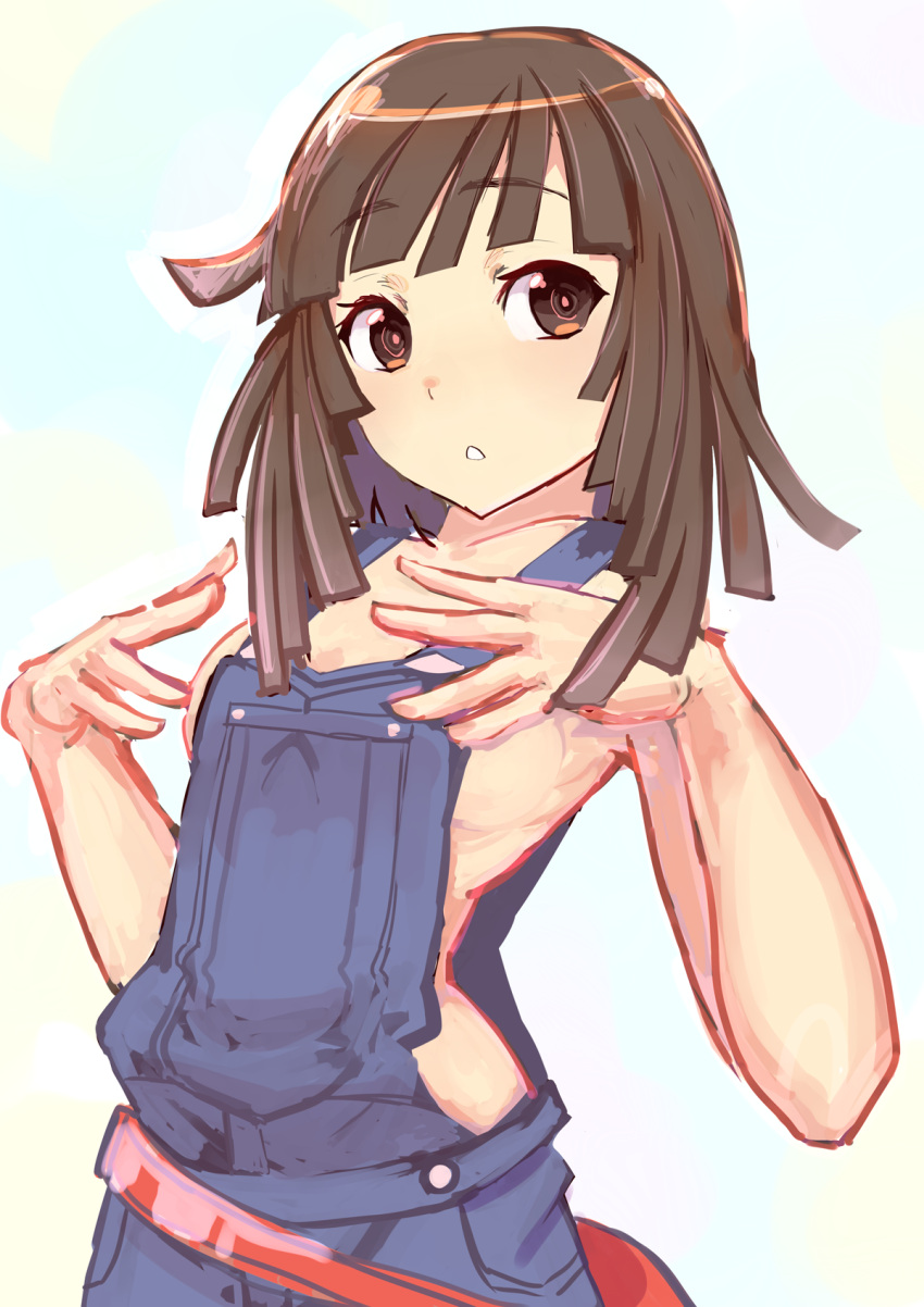 1girl, ameya_shioichi, bakemonogatari, brown_eyes, brown_hair, highres, monogatari_(series), naked_overalls