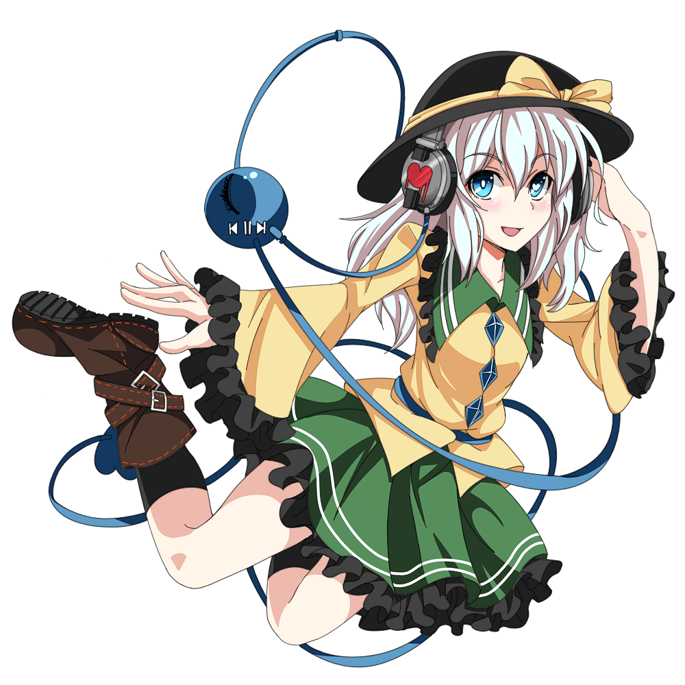 1girl, blue_eyes, boots, frills, hat, hat_ribbon, headphones, heart